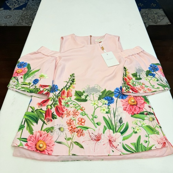 Ted Baker Pink Floral Print Off Shoulder Top SZ 4 =US Sz 10 NWT Ret $269 - Picture 9 of 11